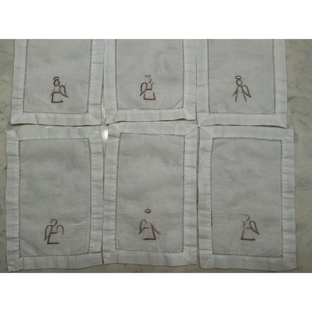 Set‎ of 6 White Linen Cocktail Napkins Embroidered Angel Hemstitch Christmas